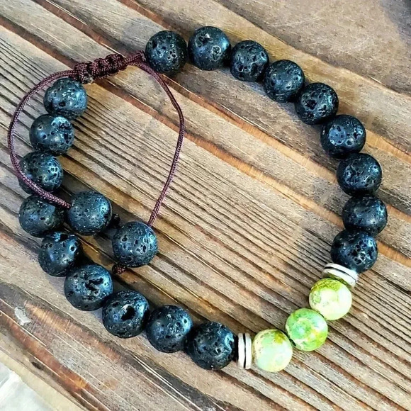 Handcrafted Chakra Bracelet Green Aqua Terra Jasper Black Lava - Picture 6 of 7